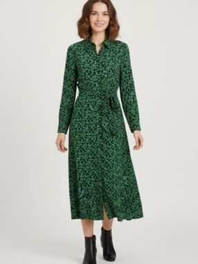 ZARA Green with Black Leaf Print Long Sleeve Maxi Shirt Dress Small